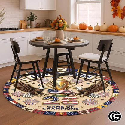 Custom Soccer Round Rug with Trophy and Flag Details