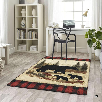 Overhead layout view of the rectangular mama bear and cubs plaid wildlife area rug - thumbnail image 5 of 5