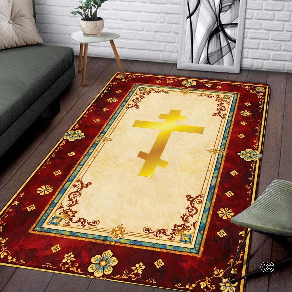 Personalized Orthodox Christian Area Rug, Custom Eastern Orthodox Russian Greek Byzantine Non-Slip Rug for Women Men, IC XC Nika Cross Mat for Living Room, Bedroom, Church Decor (D7)