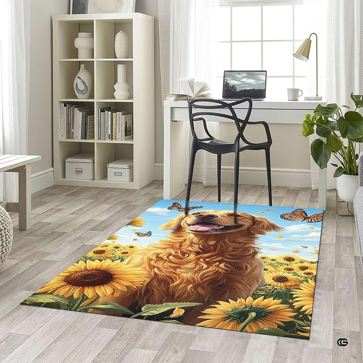 Home office desk setup with swivel chair placed over golden retriever sunflower garden rug - image 5 of 5