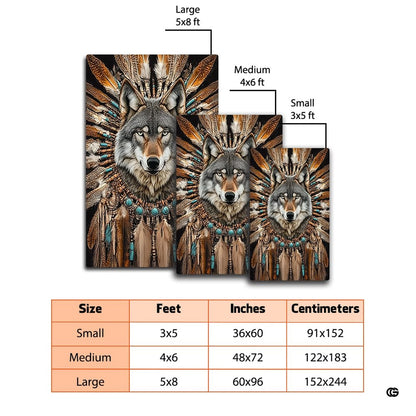 Indigenous area rugs design showcasing detailed tribal headdress feathers and wolf artwork on a dark backdrop. - thumbnail image 2 of 7