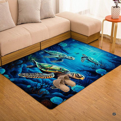 Top-down overhead view of the rectangular swimming sea turtles deep ocean coral reef rug - thumbnail image 7 of 7
