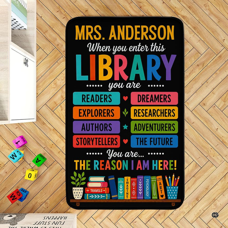 Classroom area rug with colorful book spine artwork in a bright school thematic accent setting