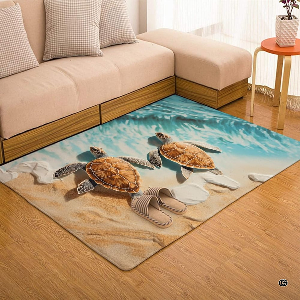 Coastal beachy floor lamp illuminating sea turtles on sandy shoreline illustration on area rug.