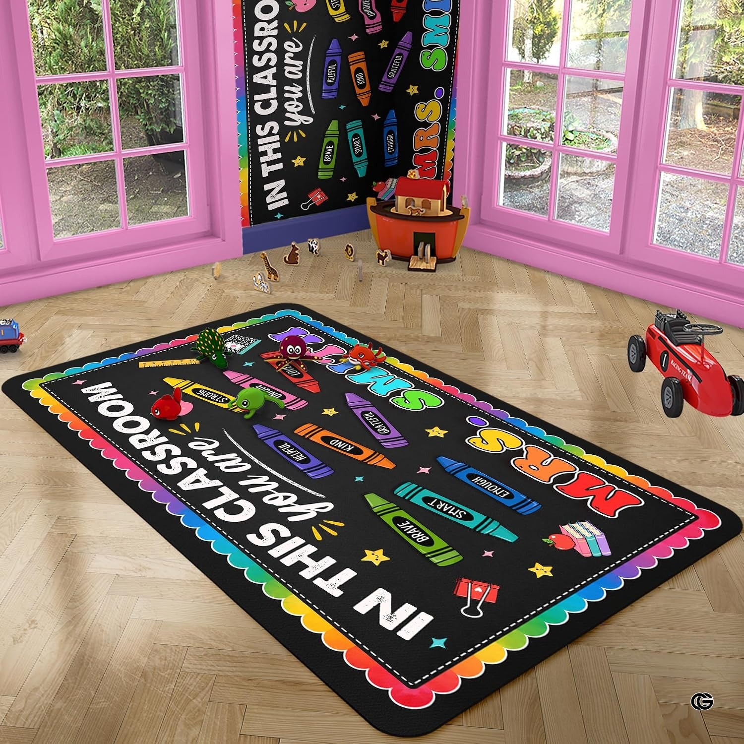 Personalized Teacher Classroom Rug, Custom Back to School Welcome Mat with Name, Kindergarten Preschool Elementary Decor, Composition Notebook Carpet (A01)