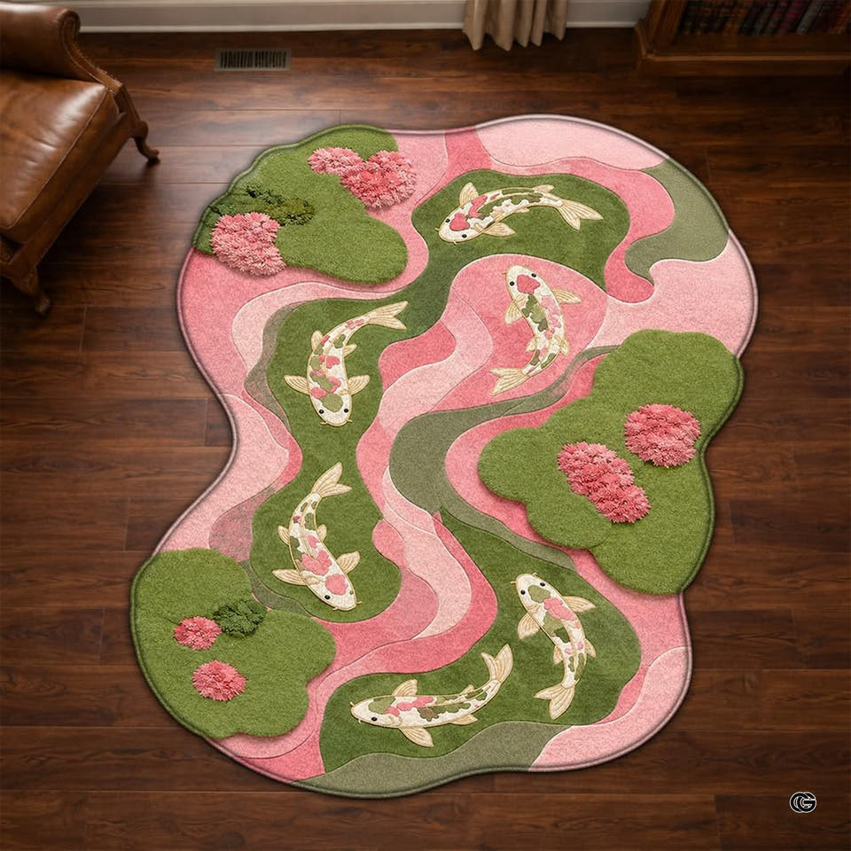 Irregular shaped rugs for living room featuring tufted koi fish and lily pads in a pond scene.