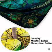 Fireside lounge setting with a person relaxing on the stained glass Tree of Life rug - thumbnail image 5 of 8
