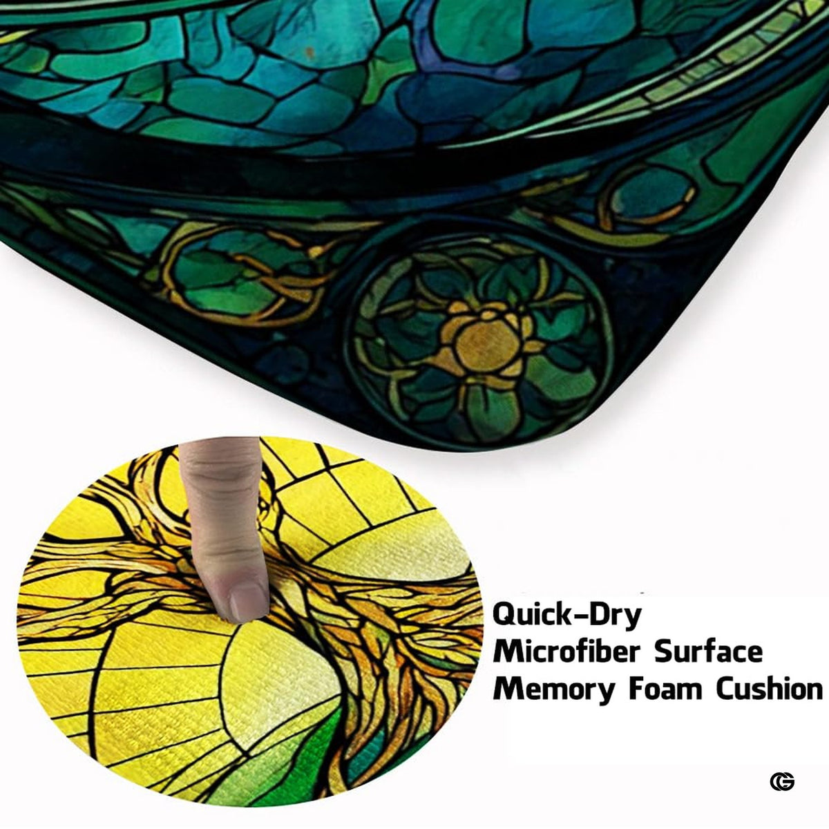 Fireside lounge setting with a person relaxing on the stained glass Tree of Life rug - image 5 of 8