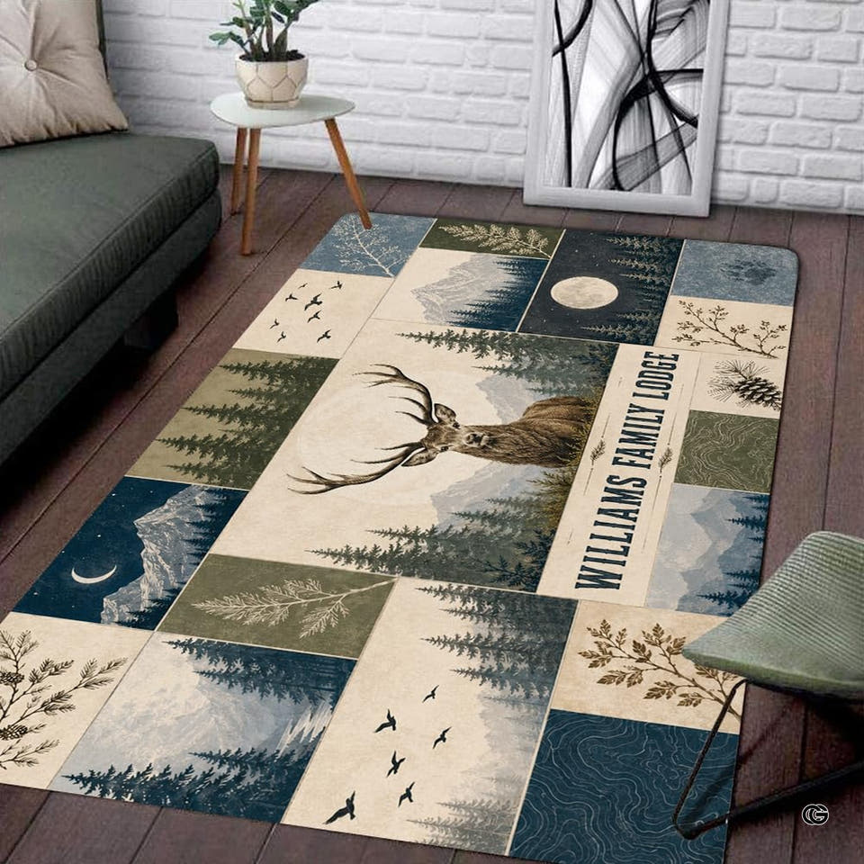 Rustic area rug showing a stag with antlers and woodland patchwork panels on wood floor.