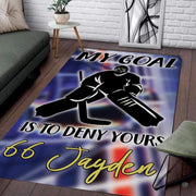 Custom ice hockey goalie defense living room area rug with netminder guarding crease - thumbnail image 1 of 7