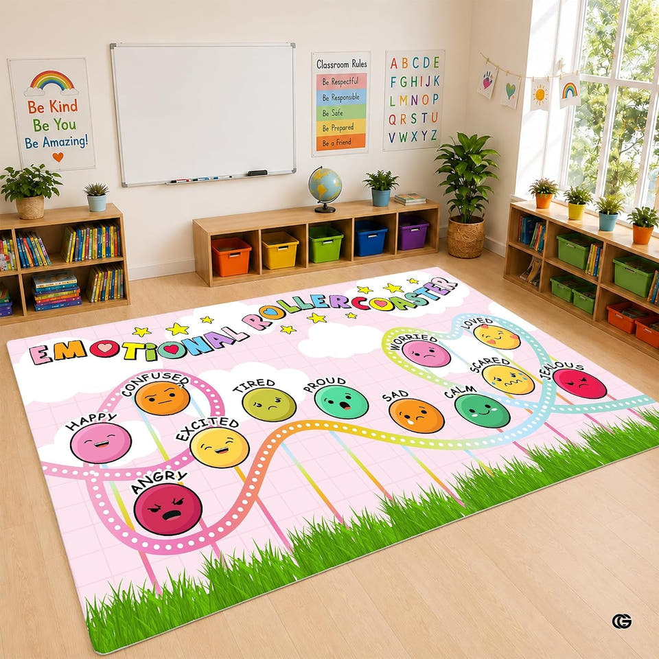 Classroom setting with student storage cubbies and whiteboard displaying the colorful coaster mood area rug.