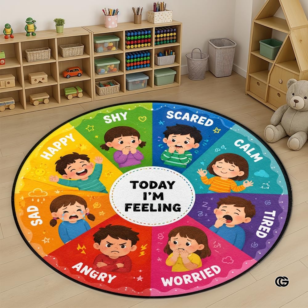 Wheel of Feelings and Emotions Round Rug, Educational Mental Health Rug for Classroom, Educational Animal Shape School Mat, Back to School Gift (Feeling 1)