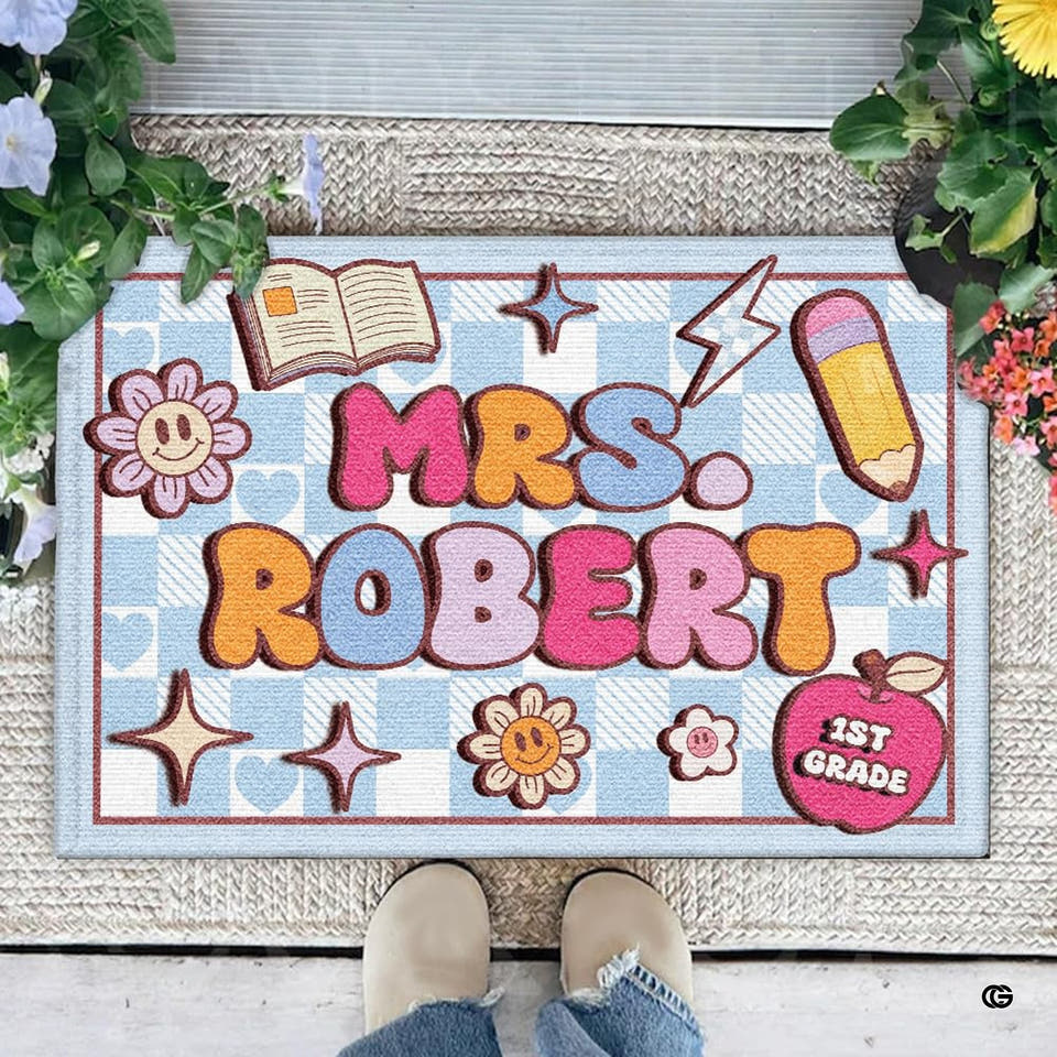 Personalized Teacher Welcome Door Mat with Name, Composition Notebook Style, Perfect Classroom Decor & Back to School Gift for Teachers (Colorful Class #3)