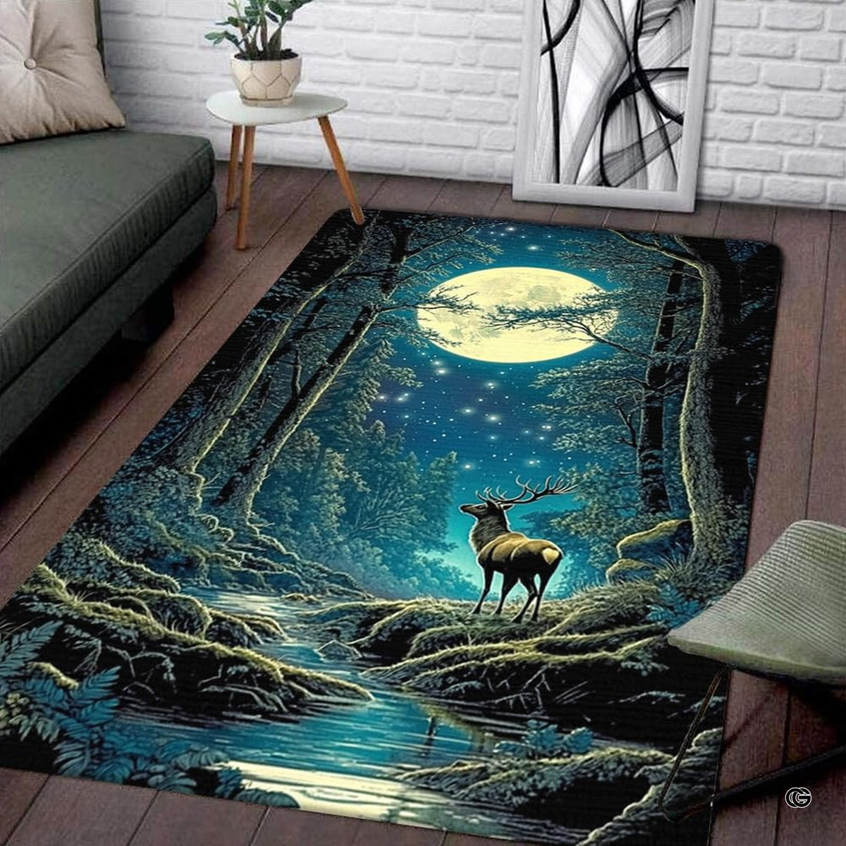 Living room seating setup featuring the enchanted deer buck starlit moon forest rustic area rug - image 1 of 5