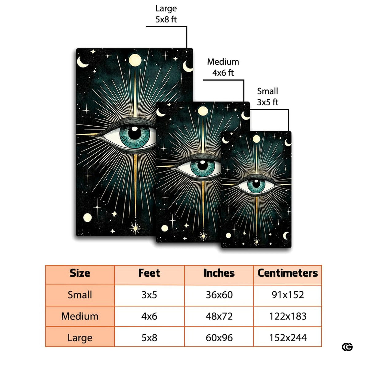 Size dimensions chart illustrating small, medium, and large options for the evil eye celestial rug