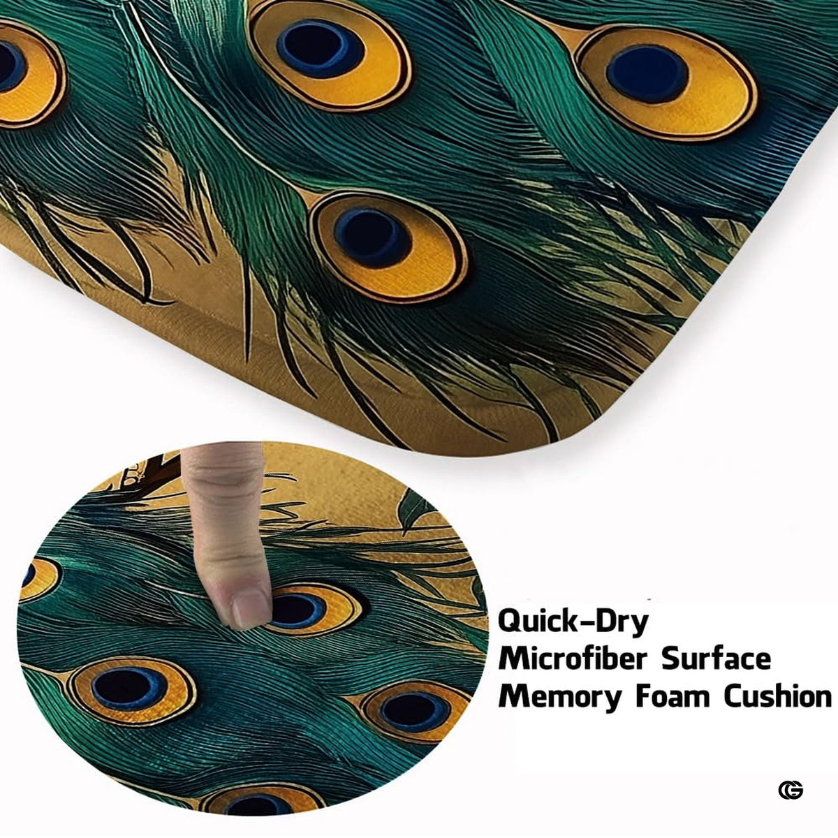 Close-up detail of peacock color area rug illustrating vibrant royal blue feathers and gold filigree patterns.