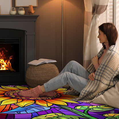 Room view showing stained glass sunflower area rug anchoring eclectic decor with radiant floral artistry. - thumbnail image 8 of 8