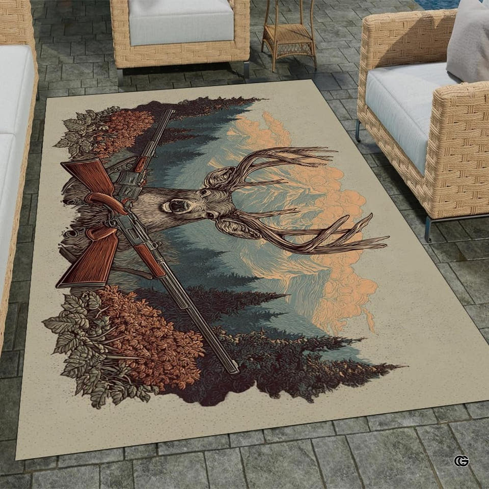 Sunset mountain deer hunter rifle alpine pines area rug on outdoor patio pavers