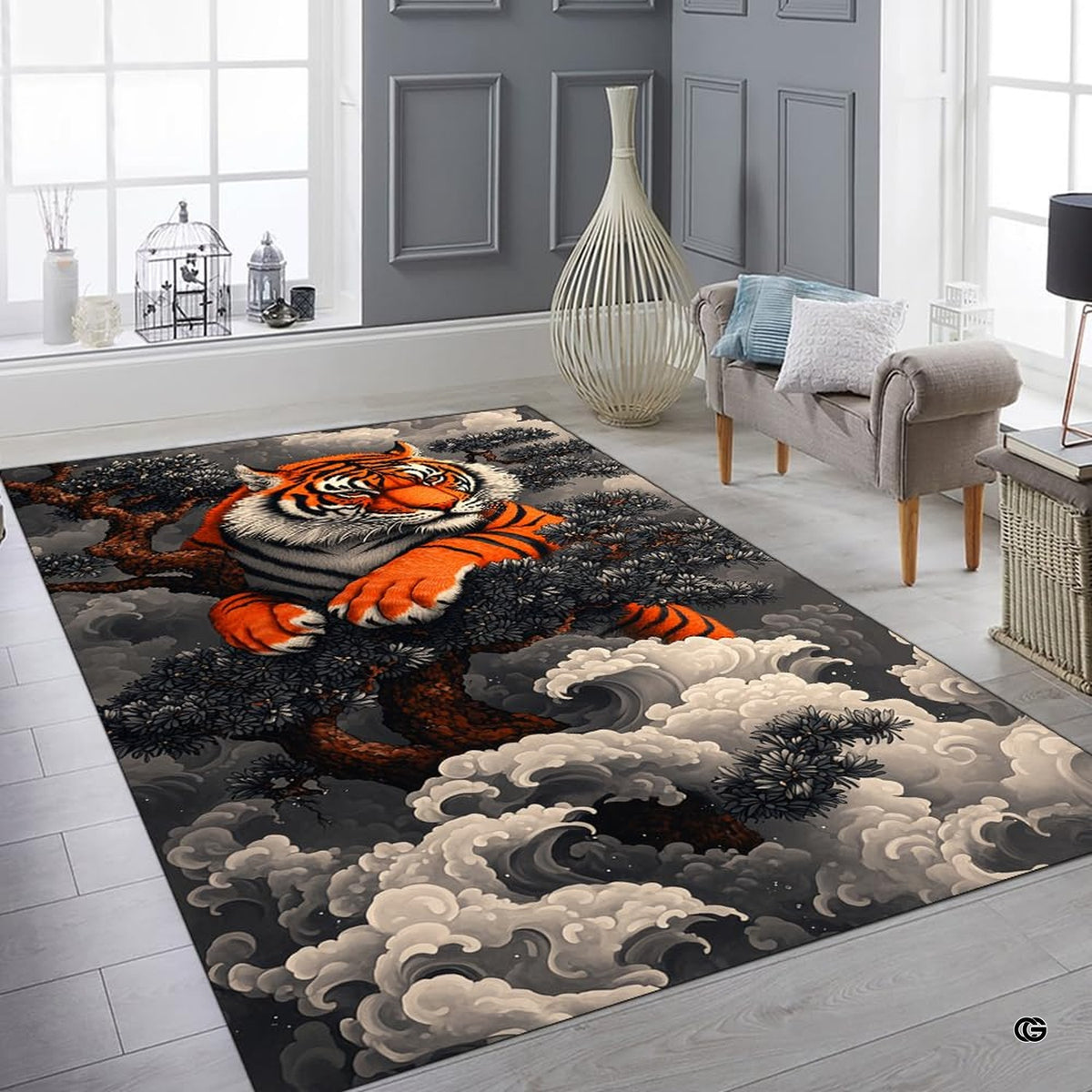 Bright interior decor setup featuring the oriental tiger waves floor carpet - image 6 of 8