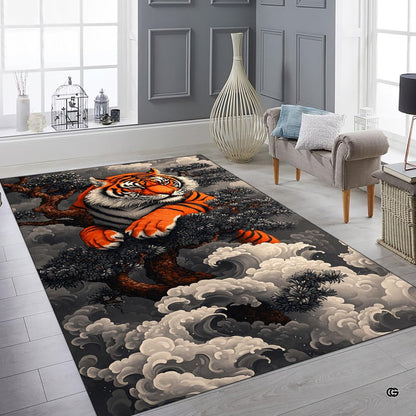 Bright interior decor setup featuring the oriental tiger waves floor carpet - thumbnail image 6 of 8