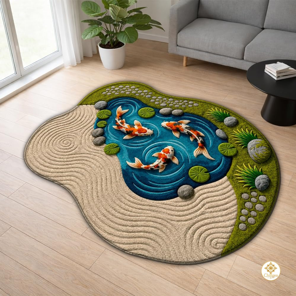 Custom Koi Fish Welcome Mat with 3D Pond and Lotus