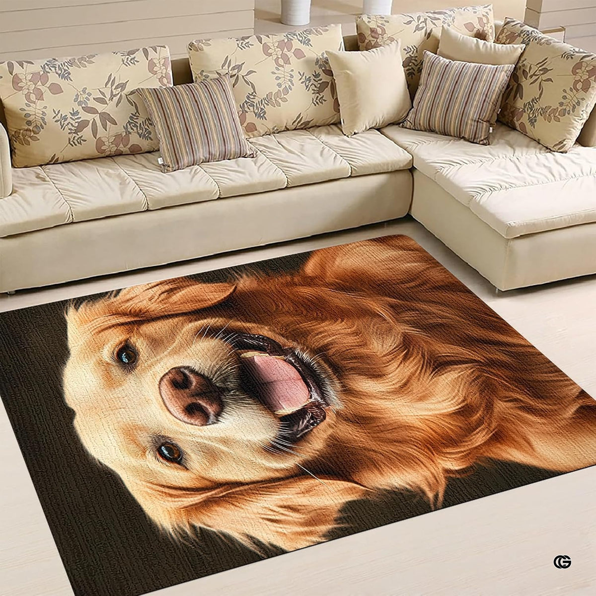 Detailed view of the painted dog portrait artwork on the golden retriever area rug surface. - image 4 of 5