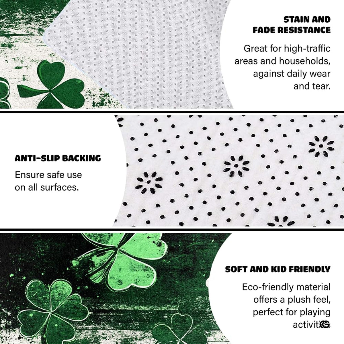 Angle view of black clover area rug displaying half emerald green and half cream splattered artistic backdrop.