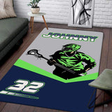 Dynamic area rugs featuring an athletic lacrosse player with neon lime and navy geometric blocks.