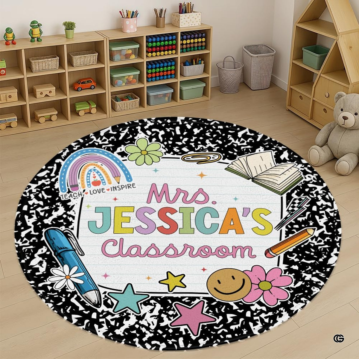 Dark academia rug runner styled with black marble notebook border and classroom motifs on wooden flooring