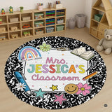 Dark academia rug runner styled with black marble notebook border and classroom motifs on wooden flooring