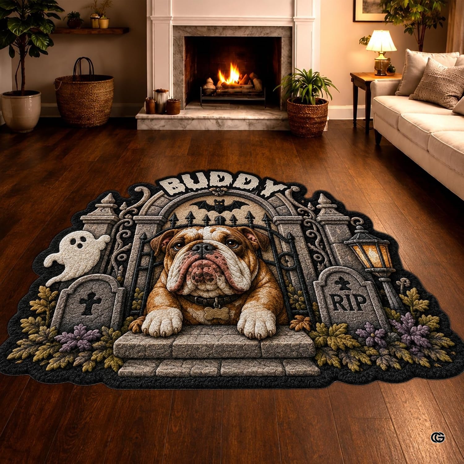 Custom Dog Photo Rug, Personalized Pet Portrait Area Mat Non Slip Indoor Door Rug for Dog Lovers, Welcome Home Decor Halloween (Spooky Graveyard Gate)