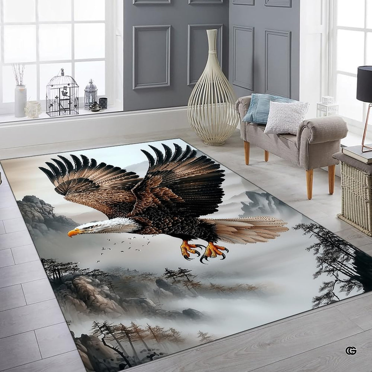 Dimensions and sizing chart for soaring mountain bald eagle area rug - image 2 of 7