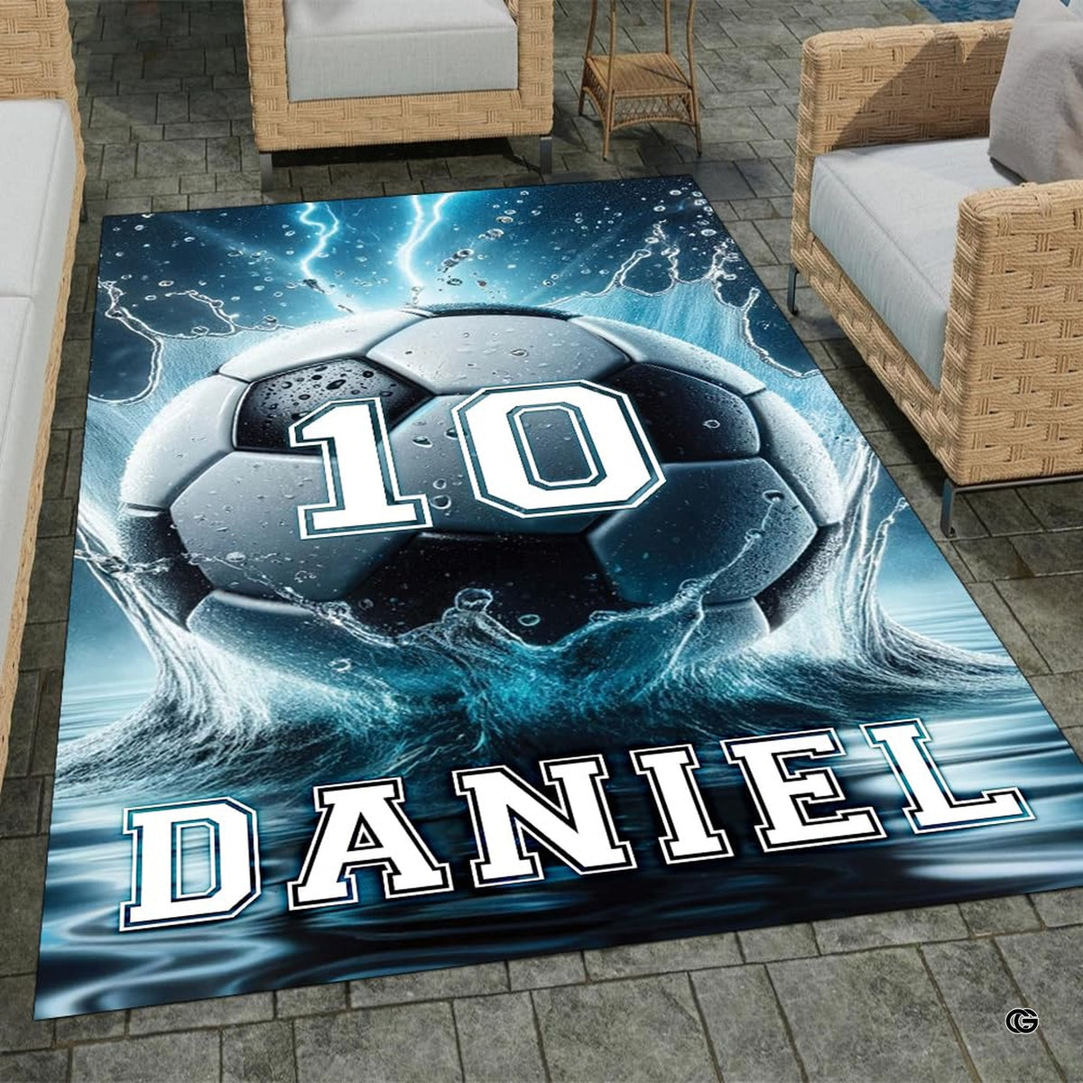 Soccer ball bursting through water splashes and cyan lightning bolts on an athletic graphic area rug.