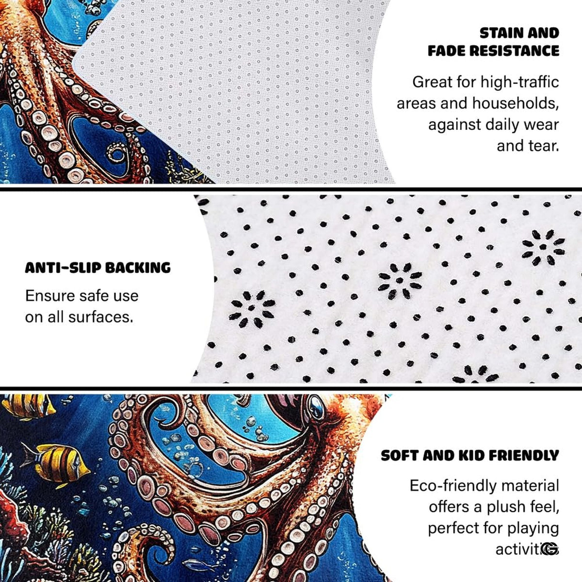 Dimension chart displaying size options for coral reef octopus area rug. - image 2 of 7