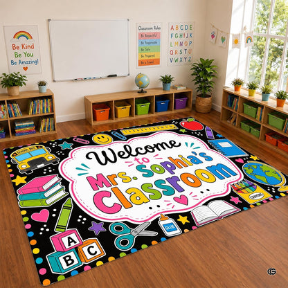 Personalized Teacher Classroom Rug, Custom Back to School Welcome Mat with Name, Kindergarten Preschool Elementary Decor, Composition Notebook Carpet (A07)