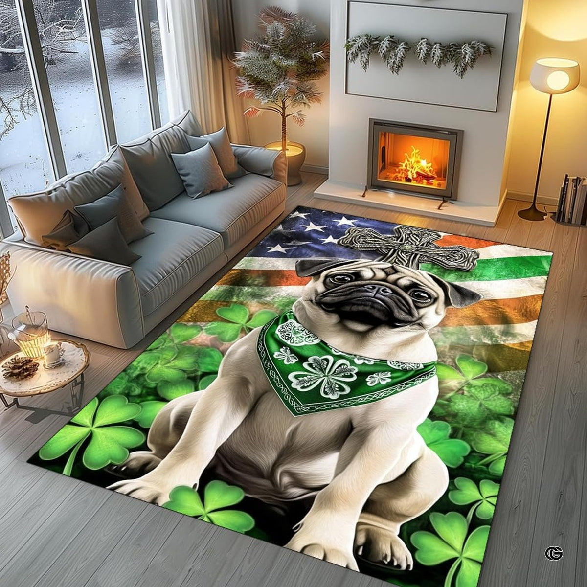 Cozy modern living room arrangement styling the Irish pug shamrock area rug - image 5 of 8