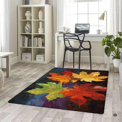 Fireside lounge setting with person relaxing near the colorful autumn foliage area rug - thumbnail image 5 of 7