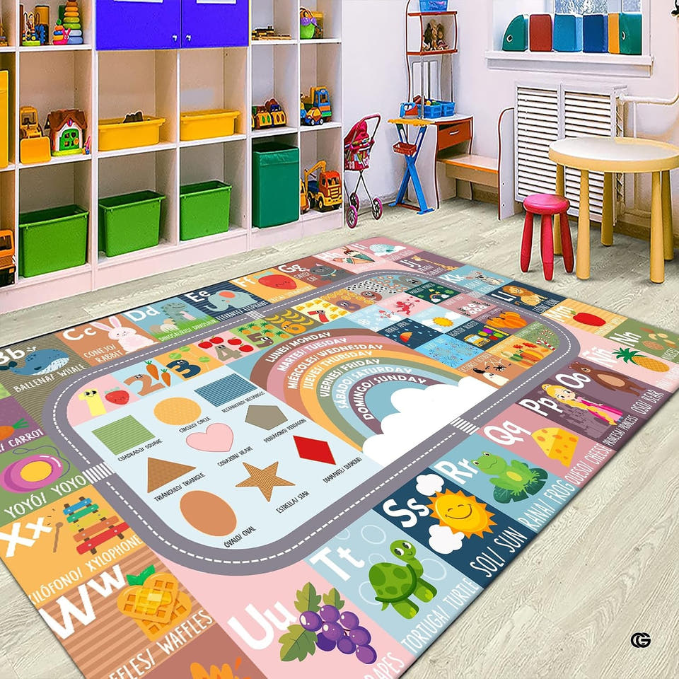 Bilingual body parts mat classroom area rug displaying anatomy charts and thematic accent senses panels.