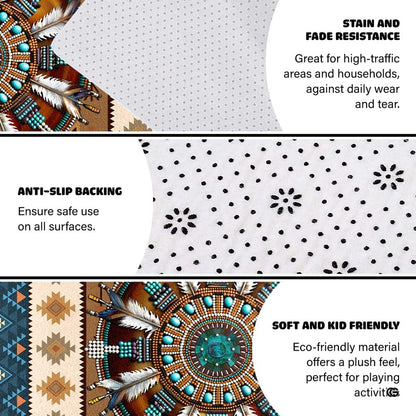 Angle view displaying feathered arrow artwork and vibrant turquoise accents on decorative area rug. - thumbnail image 6 of 7