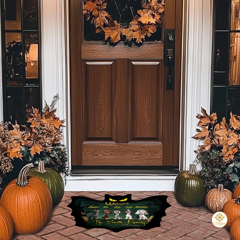 Custom Halloween Dog Doormat with Pumpkin and Bat Details - Style #2