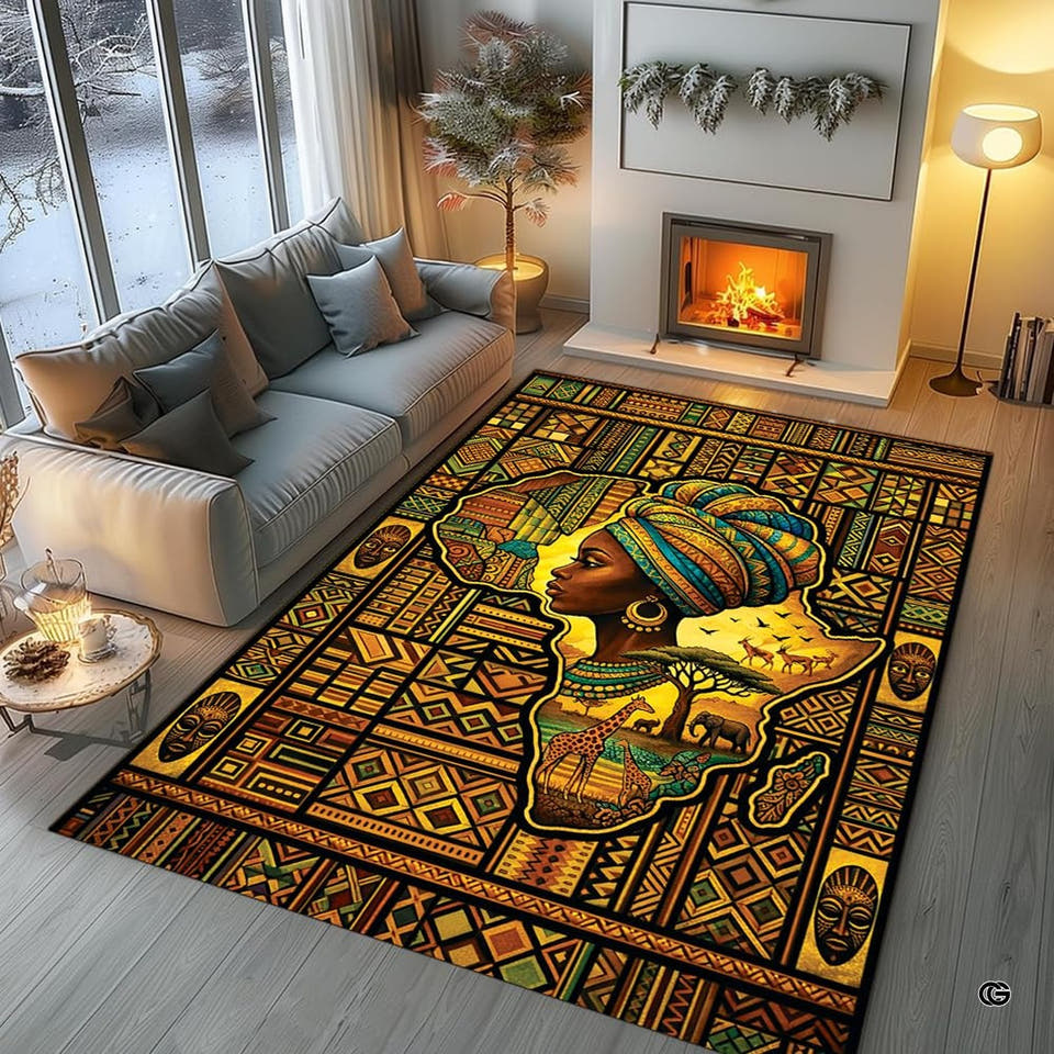 African queen silhouette tribal savanna wildlife area rug in primary perspective