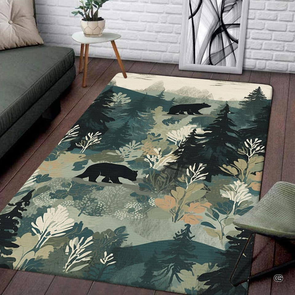 Woodland black bear pine forest mountain area rug - view 1