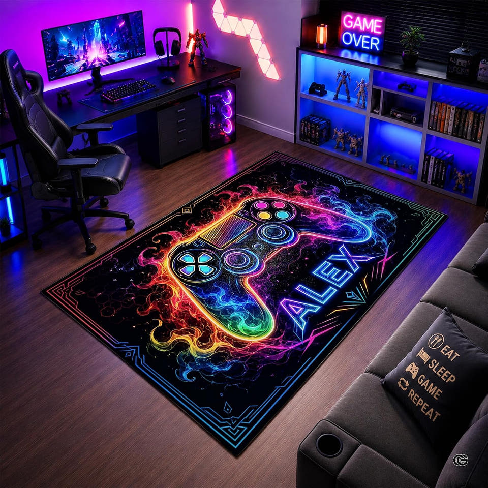 Wide perspective view of rectangular neon gamer controller area rug placed before PC battle station