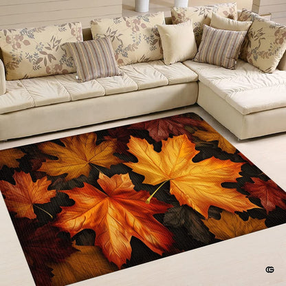 Fall maple leaf area rug styled beneath a modern living room coffee table surrounded by autumn home accents. - thumbnail image 2 of 7