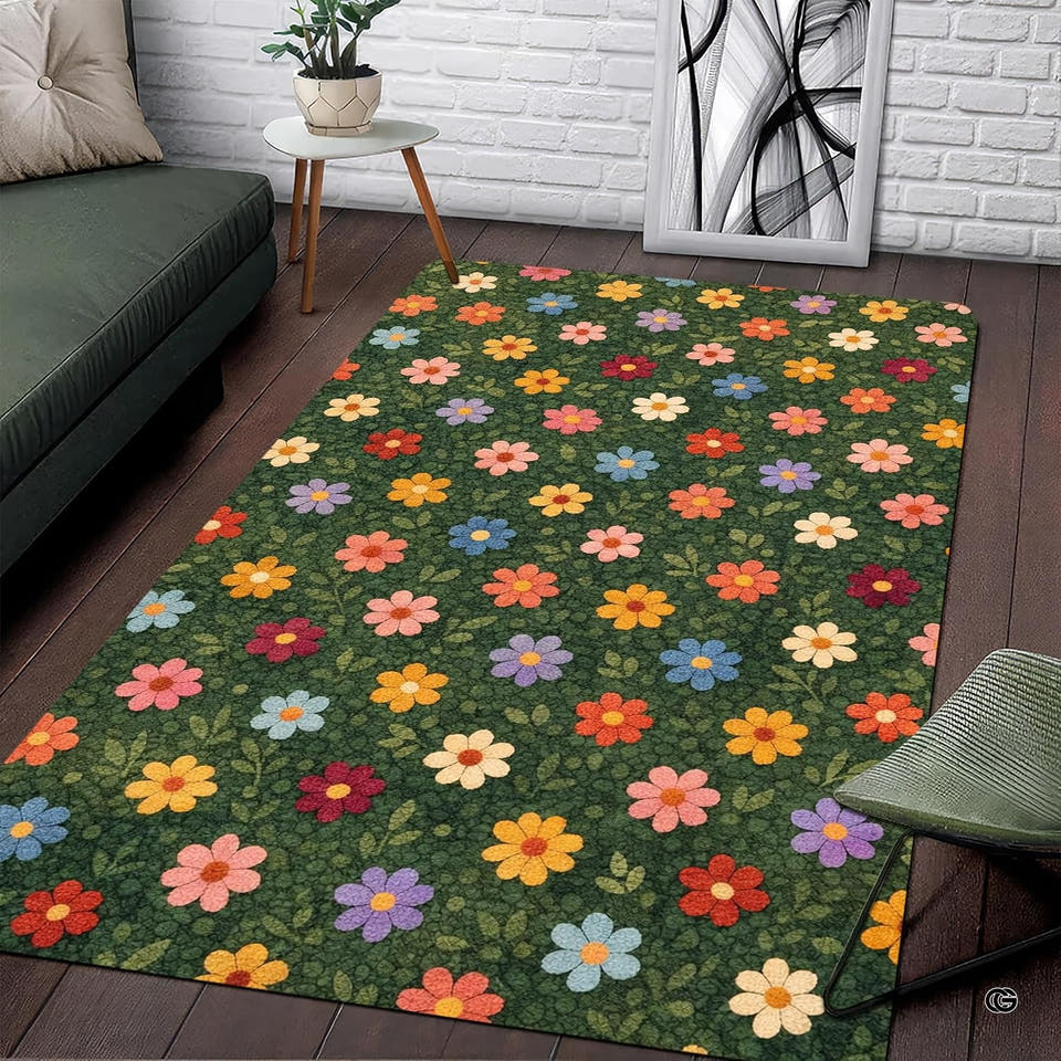 Green daisy floral area rug displaying colorful blossoms across deep moss foliage in a bright room.
