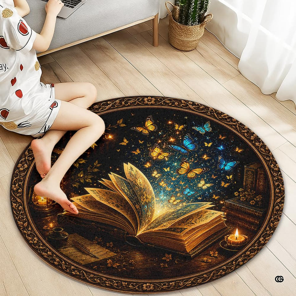 Round area rug displaying an illuminated open book with swirling golden butterflies in a vintage library.