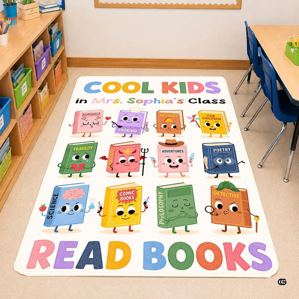 Overhead classroom view of classroom literacy literature area rug displaying colorful genre characters