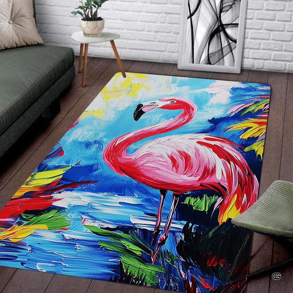 Living room setup with couch and white brick wall showcasing tropical pink flamingo area rug