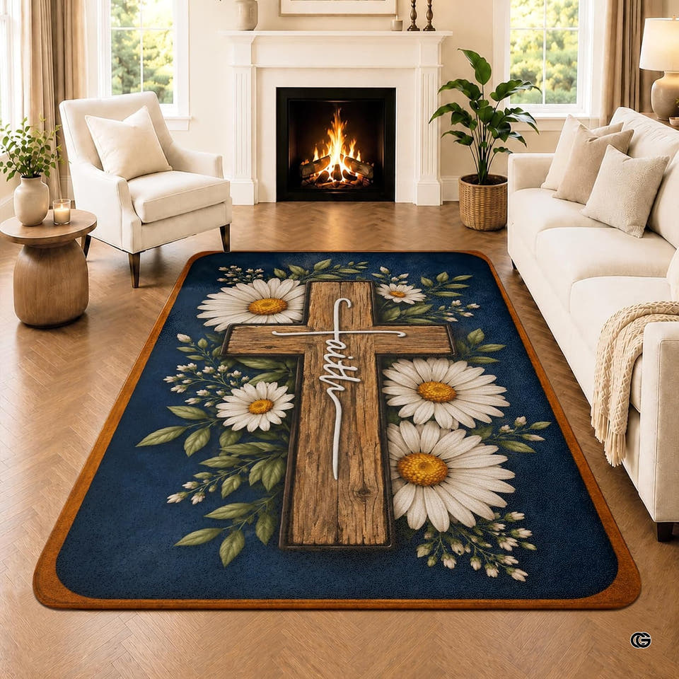 Rustic cross and white daisies area rug placed on hardwood floor in front of fireplace