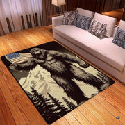 Living room setting featuring a patriotic Bigfoot alpine wilderness boho style rug. - thumbnail image 3 of 5